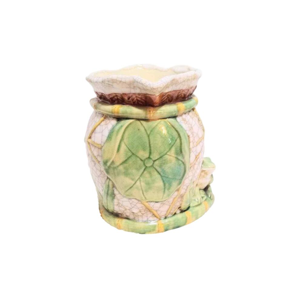 Lily Ceramic frog Majolica style pitcher 7"